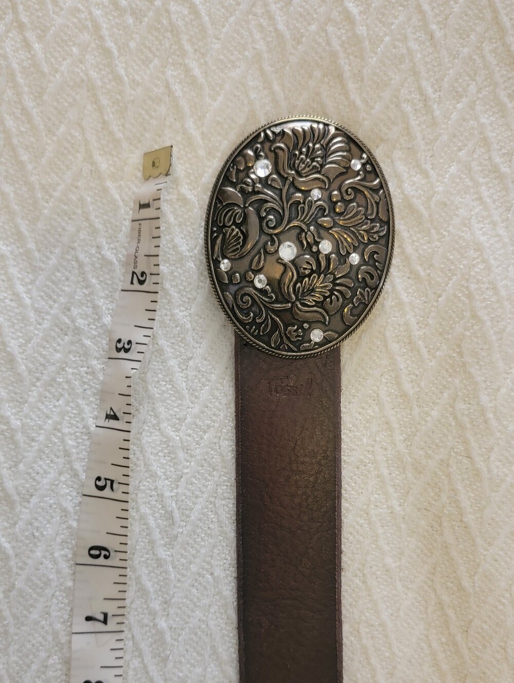 Vintage FOSSIL Brown Leather Belt With Large Round Jeweled Buckle